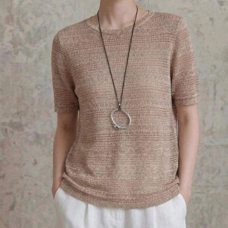 Round neck hollow knitted sweater short sleeved women's summer new European half sleeved thin breathable T-shirt top