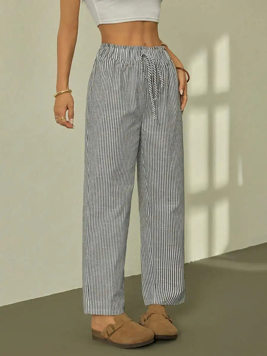 Striped Ruffle Waist Straight Leg Crop Pants Casual Boho Trousers Women