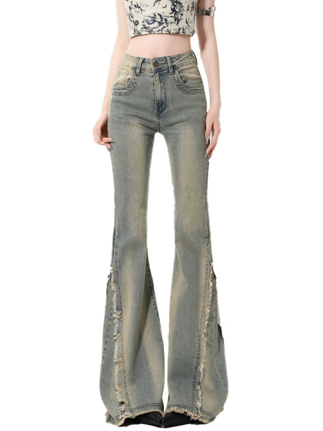Women's High Waist Bootcut Jeans Vintage Wash Side Slit Fringe Flared Denim Distressed Raw Hem Y2K Streetwear