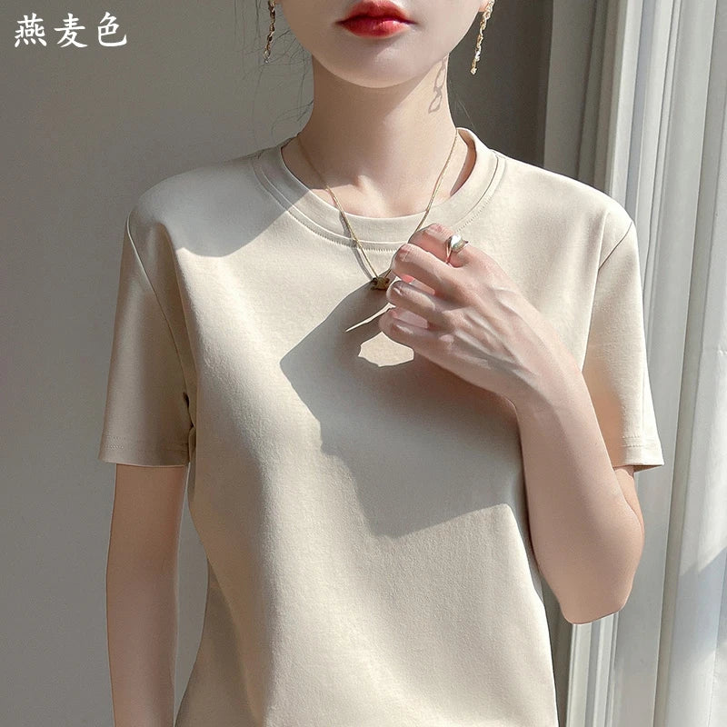 2025 Summer New Cotton Short Sleeve T-shirt Women's Round Neck Half Sleeve Mercerized Cotton Cool T-shirt