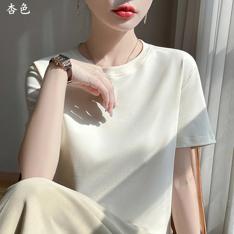 2025 Summer New Cotton Short Sleeve T-shirt Women's Round Neck Half Sleeve Mercerized Cotton Cool T-shirt