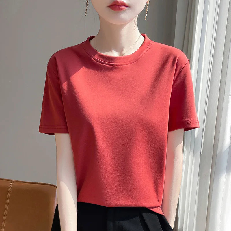 2025 Summer New Cotton Short Sleeve T-shirt Women's Round Neck Half Sleeve Mercerized Cotton Cool T-shirt