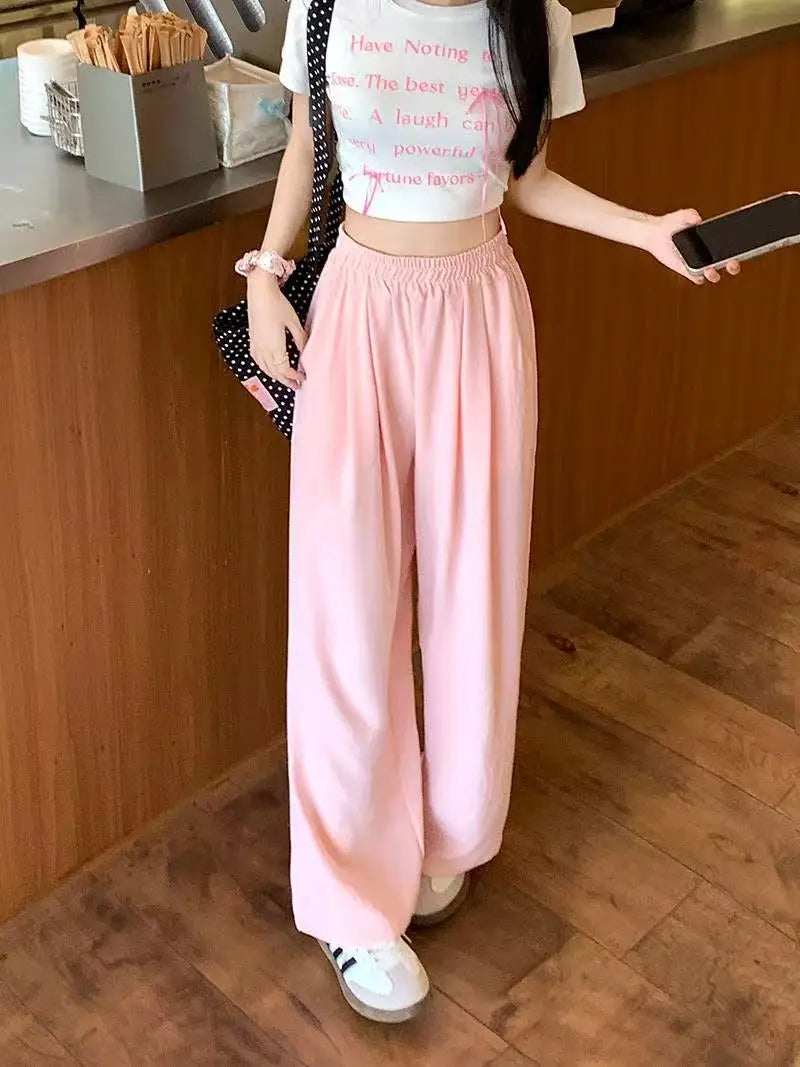 Summer Women Sweet Colorful Ice Silk Pants Lady Baggy Versatile Elastic Straight Leg Trousers Female Wide Leg High Waisted Pants