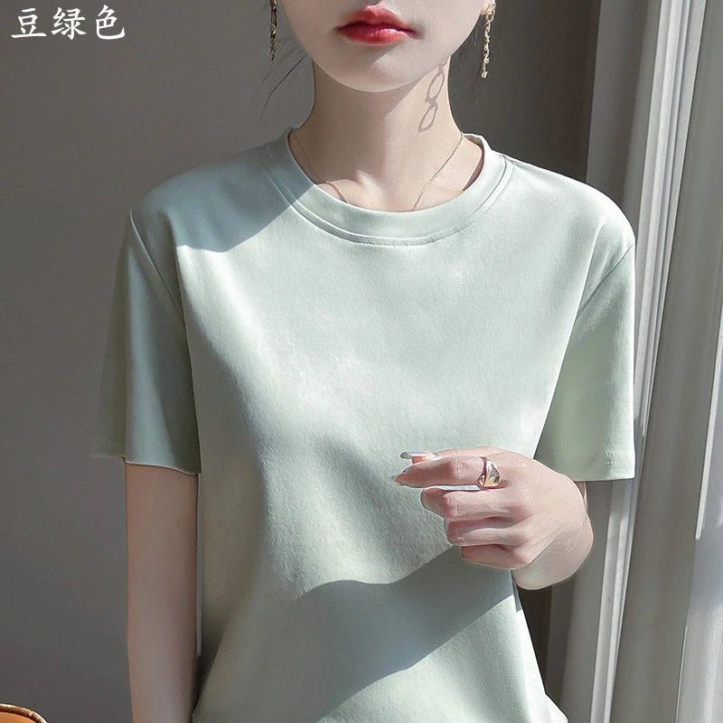 2025 Summer New Cotton Short Sleeve T-shirt Women's Round Neck Half Sleeve Mercerized Cotton Cool T-shirt