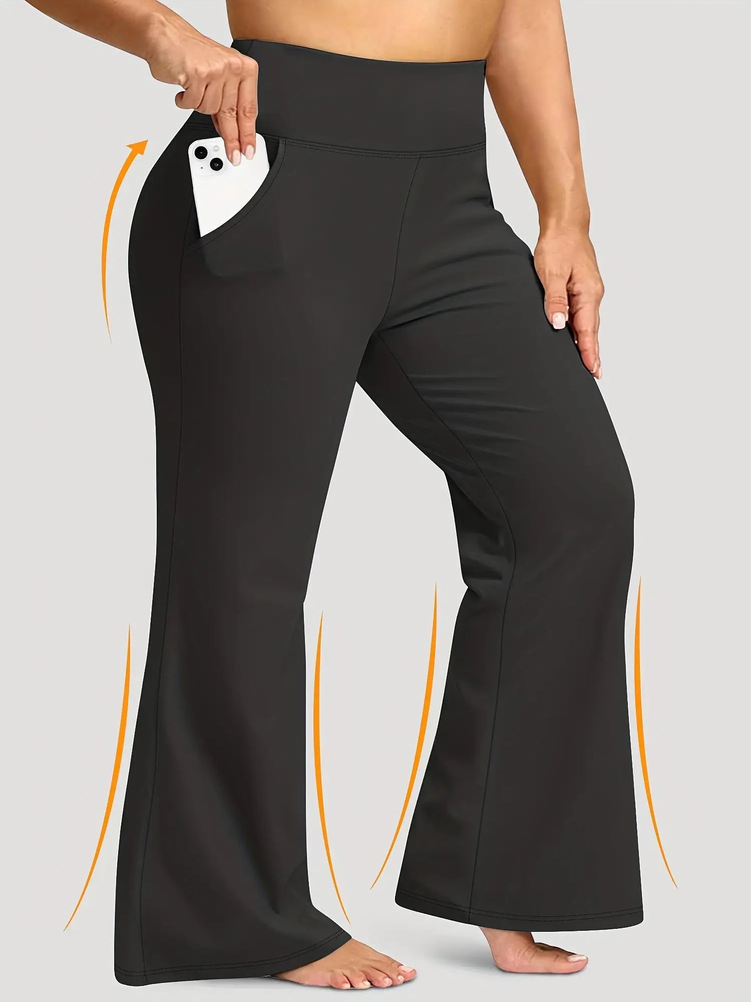 Women's Black High-Waisted Flared Pants - Soft Elastic Trousers with Pockets, Comfortable Fit, Elegant, Casual Wear no fleece