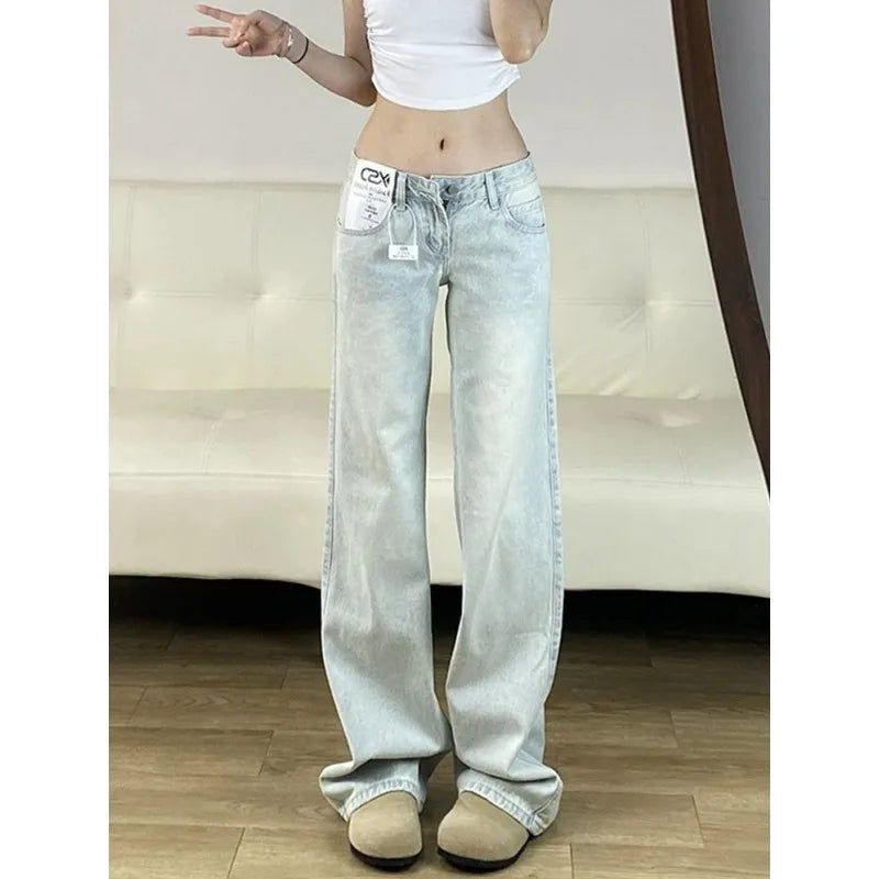 Women Jeans Straight Wide Leg Vintage Light Wash Low Rise Petite Summer Lightweight Slim Fit Denim American Latest Womens Pants