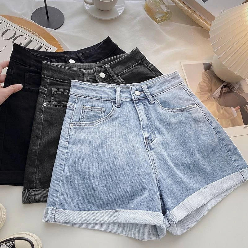 High Waist Wide Leg ort Jeans Women's Summer Loose Slimming Korean Sle A-Line Cuffed Casual Hot Pants Blue Denim