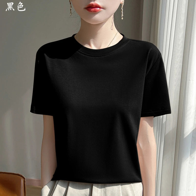 2025 Summer New Cotton Short Sleeve T-shirt Women's Round Neck Half Sleeve Mercerized Cotton Cool T-shirt
