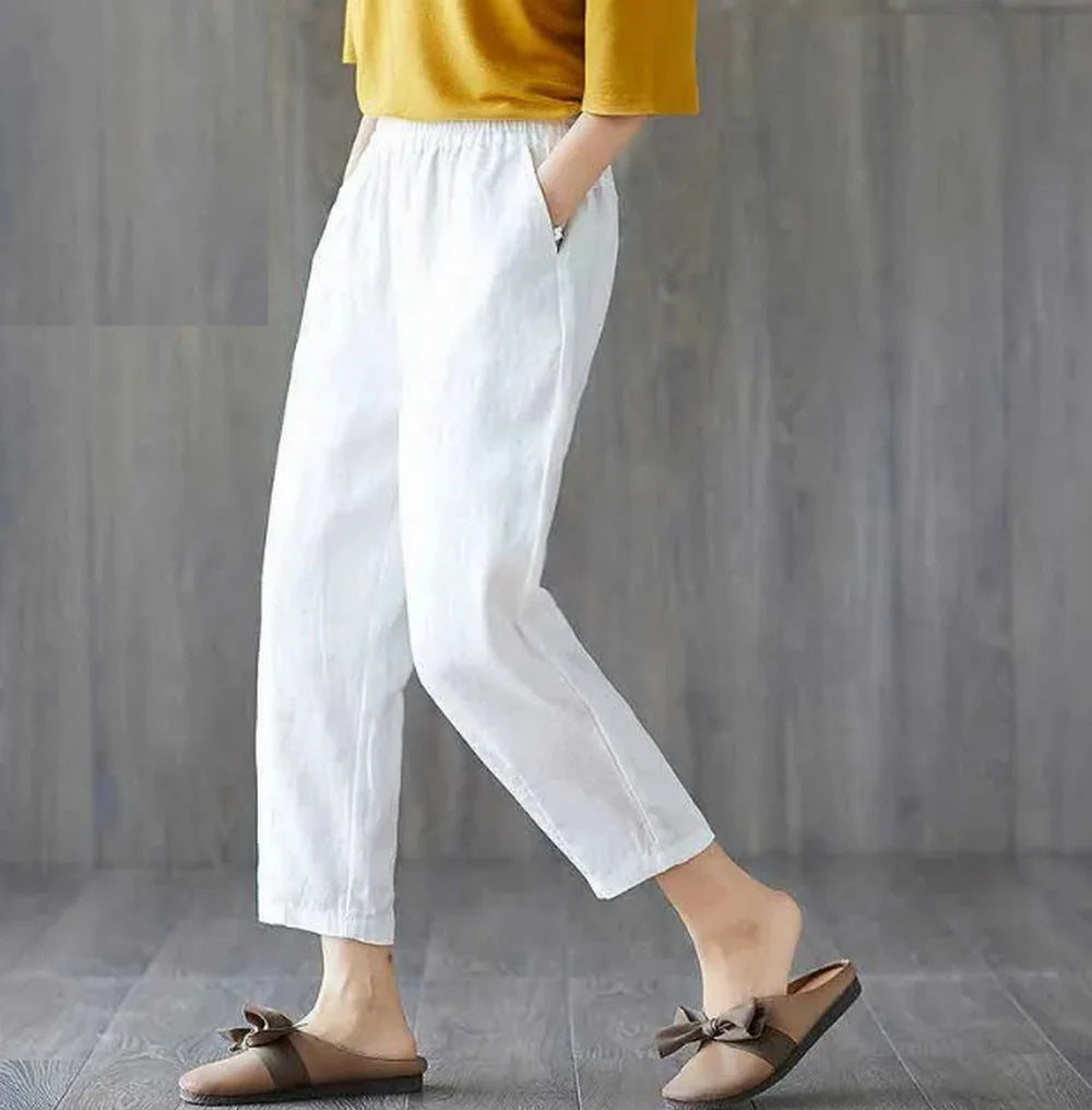 Womens Cotton Linen Cropped Pants Loose Fit Wide Leg Capri Casual Plus Size Elastic Waist Trousers Capris