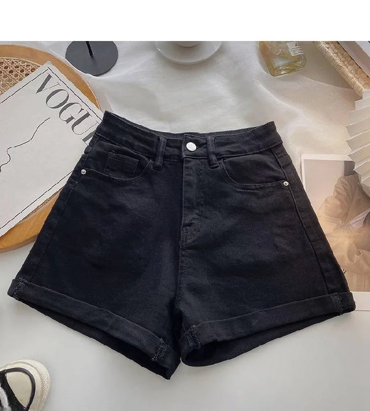 High Waist Wide Leg ort Jeans Women's Summer Loose Slimming Korean Sle A-Line Cuffed Casual Hot Pants Blue Denim