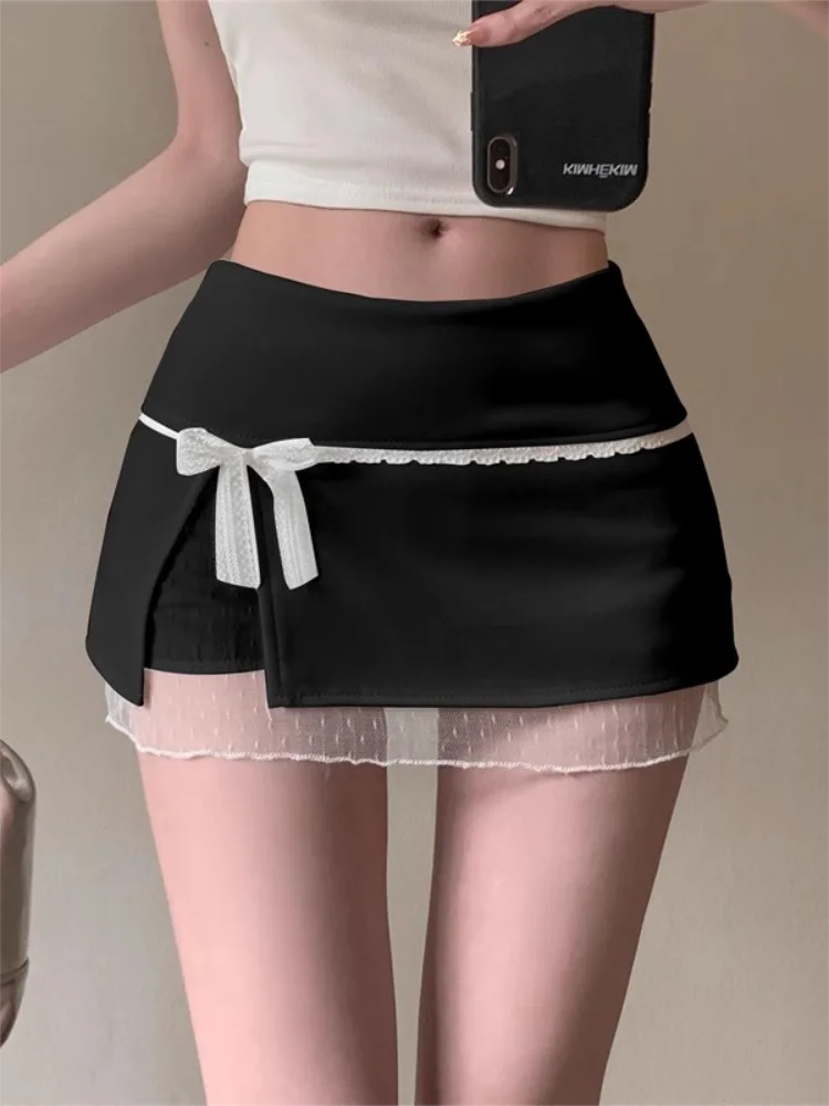 Cute Bow Lace Mini Skirt Women Microskirts Low Rise Side Slit A Line Short Skirtwith Built-in Shorts Kawaii Coquette Y2K e-Girl