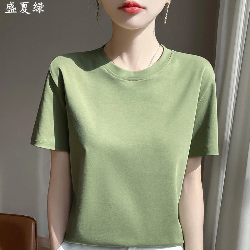 2025 Summer New Cotton Short Sleeve T-shirt Women's Round Neck Half Sleeve Mercerized Cotton Cool T-shirt
