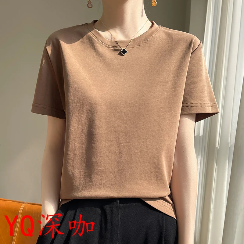 2025 Summer New Cotton Short Sleeve T-shirt Women's Round Neck Half Sleeve Mercerized Cotton Cool T-shirt