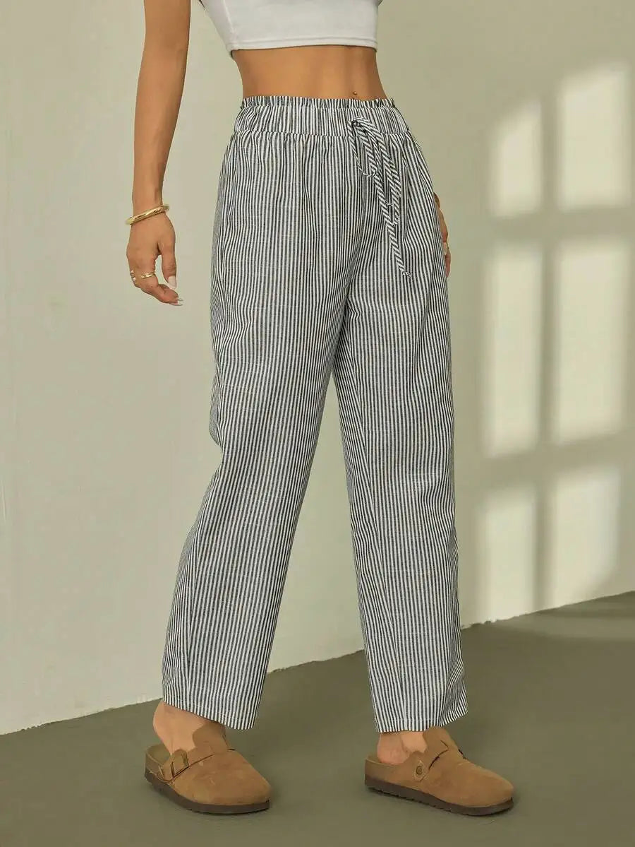 Striped Ruffle Waist Straight Leg Crop Pants Casual Boho Trousers Women