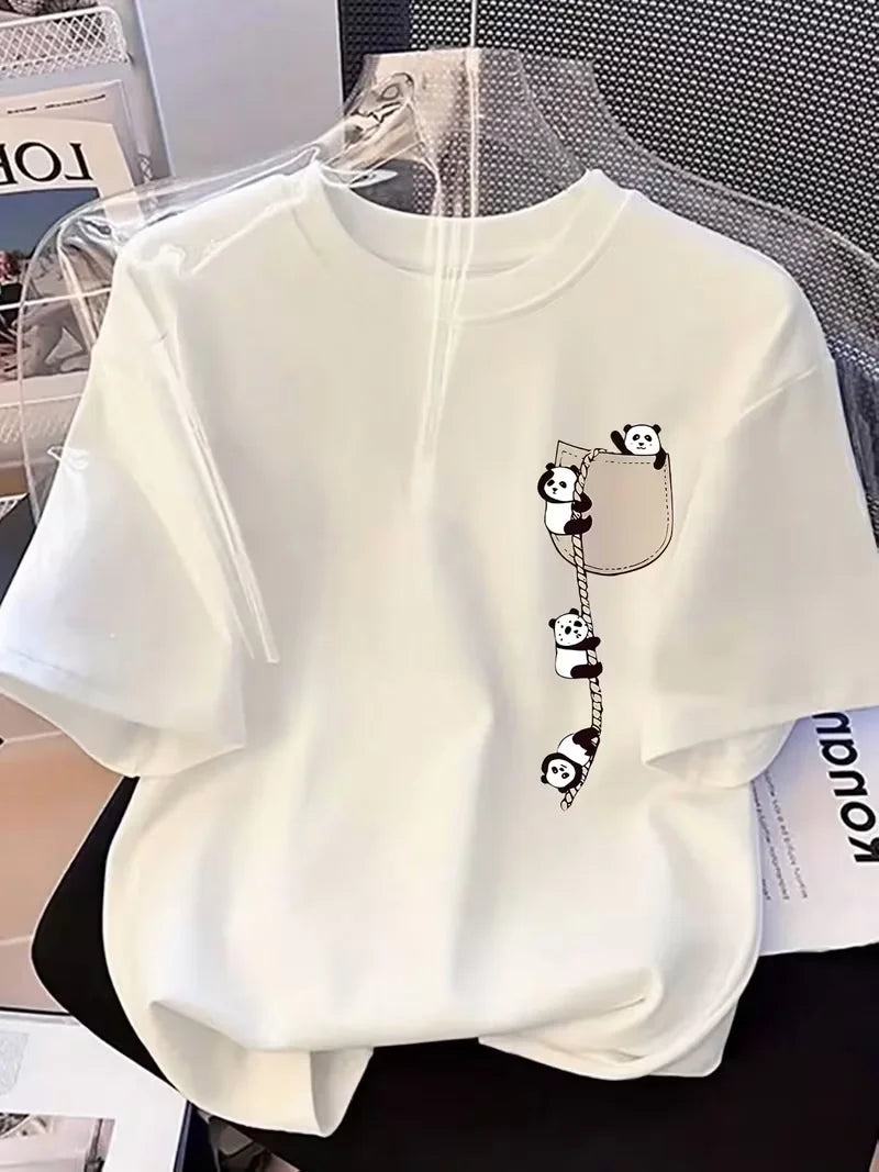 Women Oversized Panda Print Short Sleeve Tee 2026 New Summer Casual Loose Daily Wear Streetwear Round Neck Top