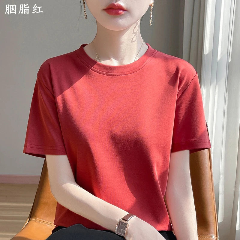 2025 Summer New Cotton Short Sleeve T-shirt Women's Round Neck Half Sleeve Mercerized Cotton Cool T-shirt