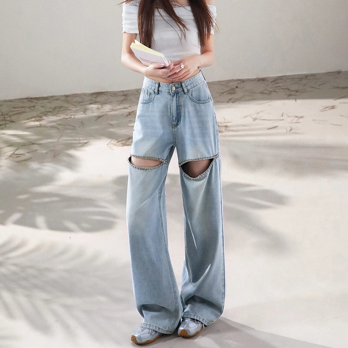 Chic Women Hollowed Out Diamonds Beaded Holes Jeans Rhinestones Straight Denim Pants Crystals Cowboy Trousers Loose Pantalones