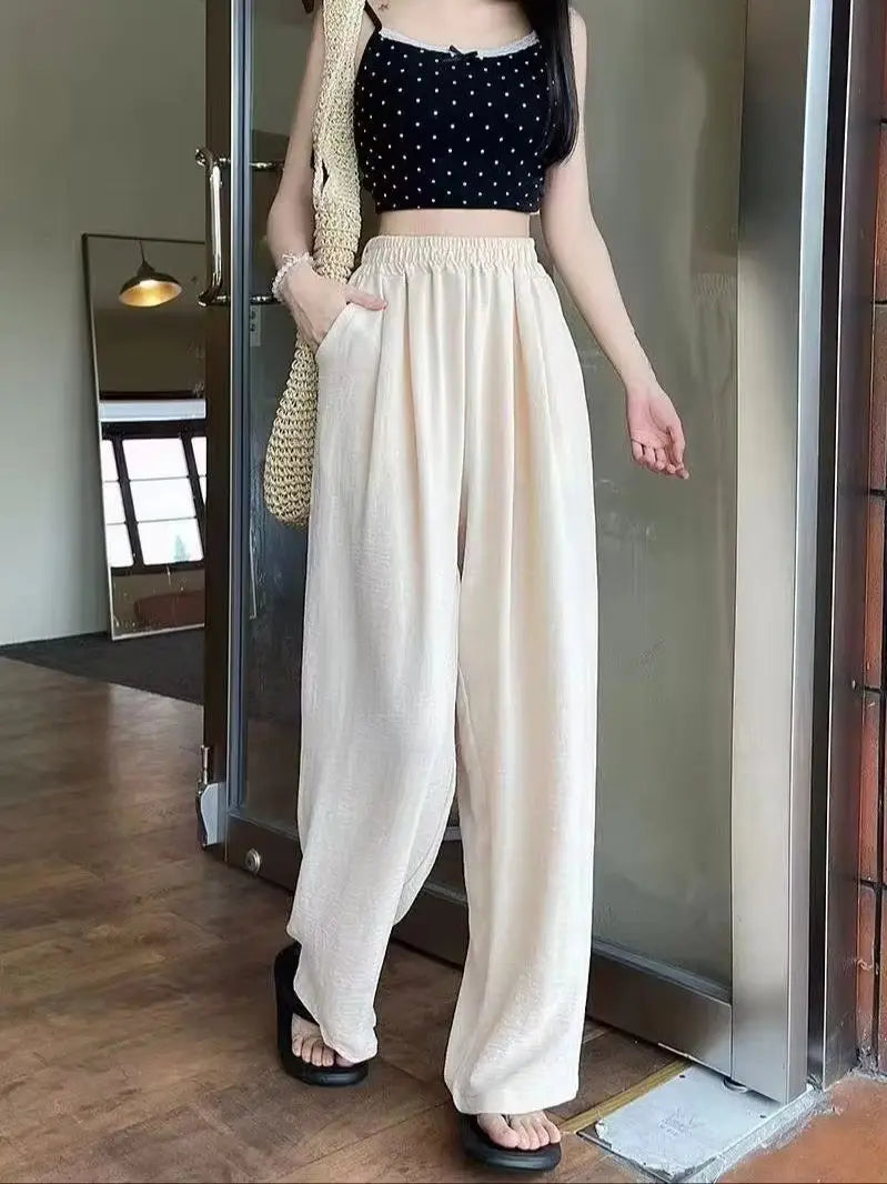 Summer Women Sweet Colorful Ice Silk Pants Lady Baggy Versatile Elastic Straight Leg Trousers Female Wide Leg High Waisted Pants