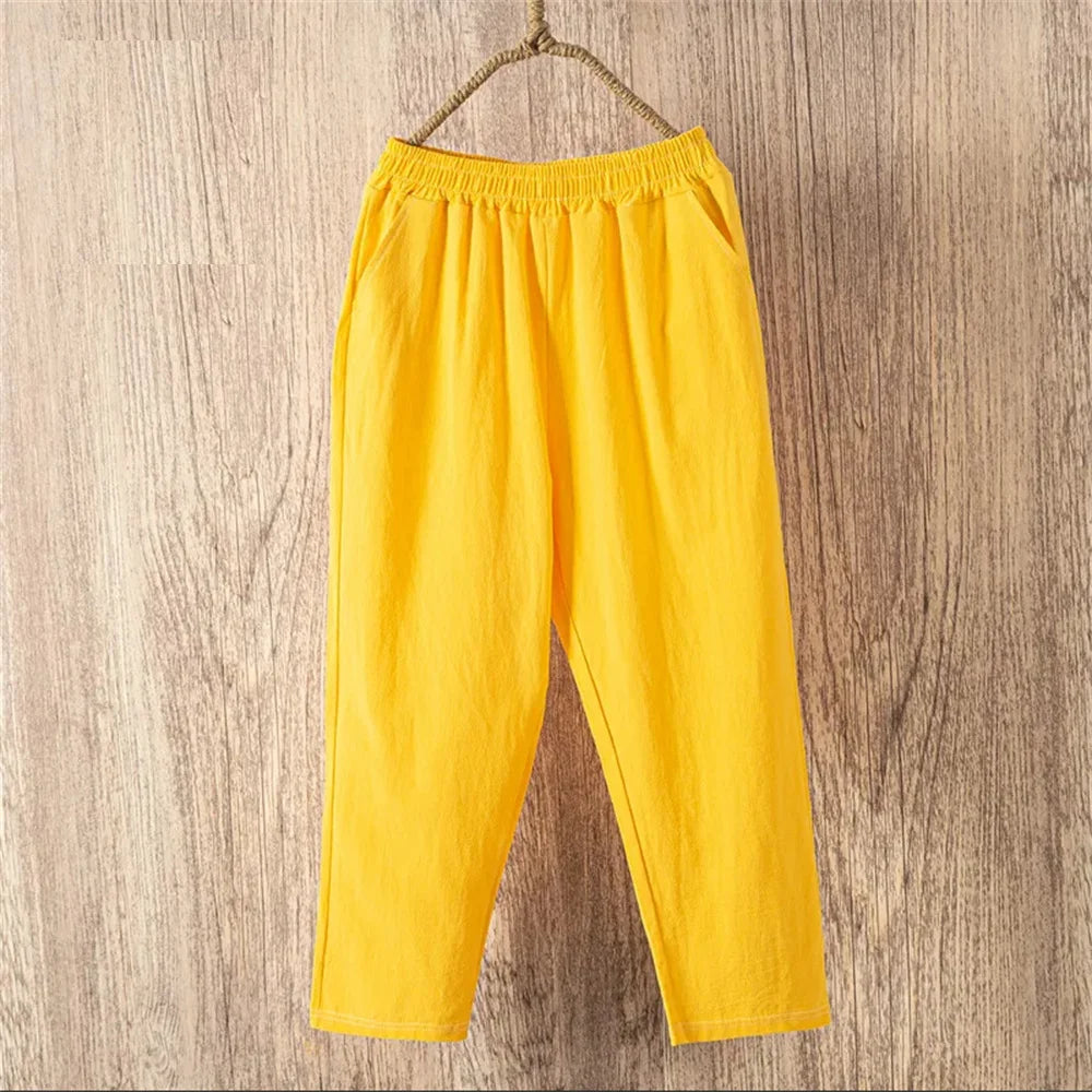 Womens Cotton Linen Cropped Pants Loose Fit Wide Leg Capri Casual Plus Size Elastic Waist Trousers Capris