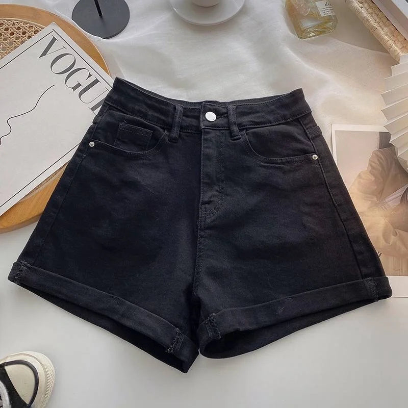 High Waist Wide Leg ort Jeans Women's Summer Loose Slimming Korean Sle A-Line Cuffed Casual Hot Pants Blue Denim