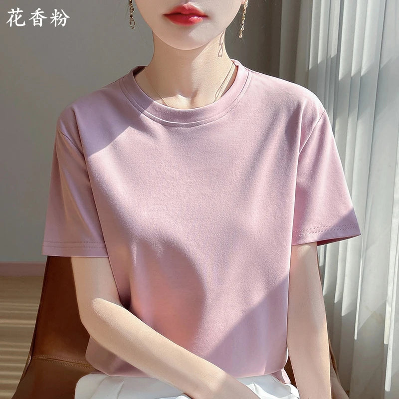 2025 Summer New Cotton Short Sleeve T-shirt Women's Round Neck Half Sleeve Mercerized Cotton Cool T-shirt