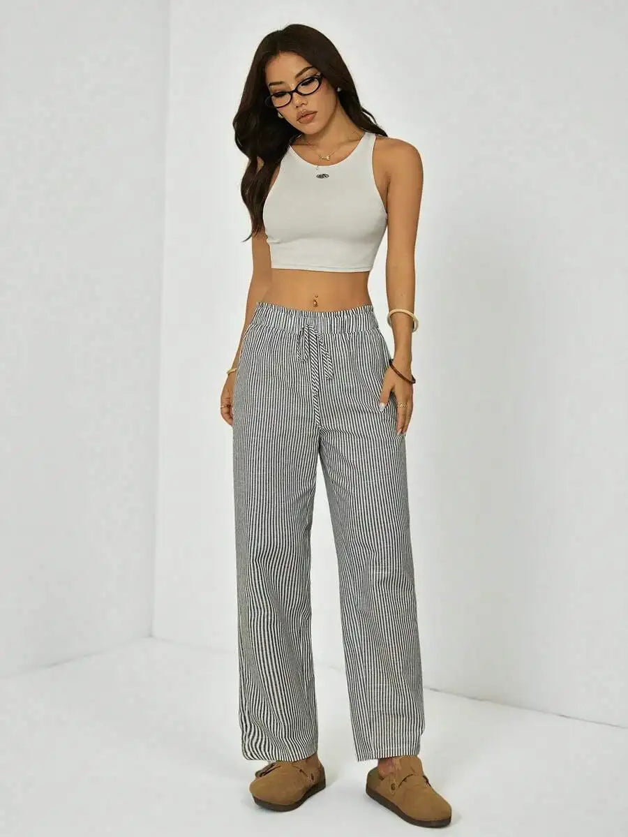 Striped Ruffle Waist Straight Leg Crop Pants Casual Boho Trousers Women