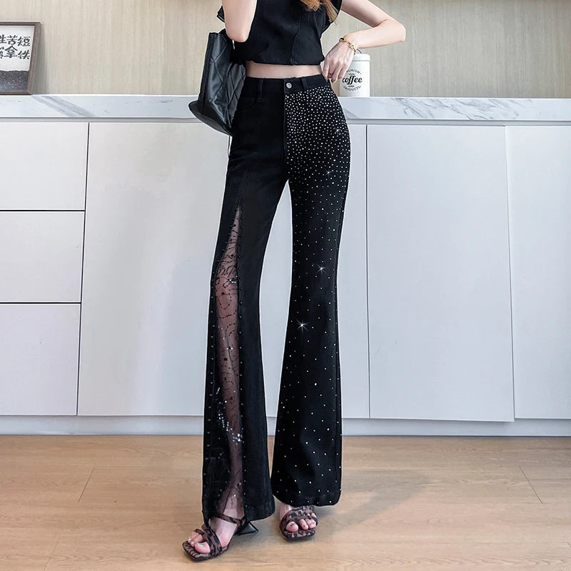 Women's Rhinestone & Beaded Split Flare Jeans High Waist Stretchy Black Denim Pants Lace Mesh See-Through Party Trousers Vintage