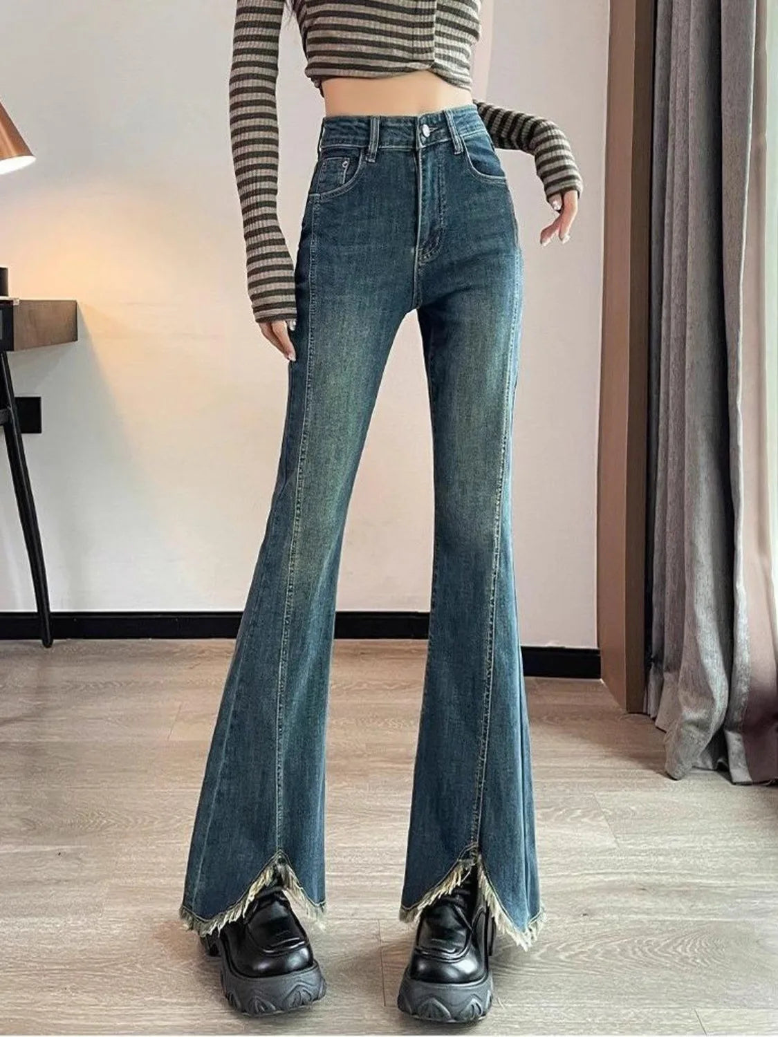 Women's High Waist Flared Jeans Vintage Blue Wash Bootcut Denim Pants Raw Hem Stretch Trousers