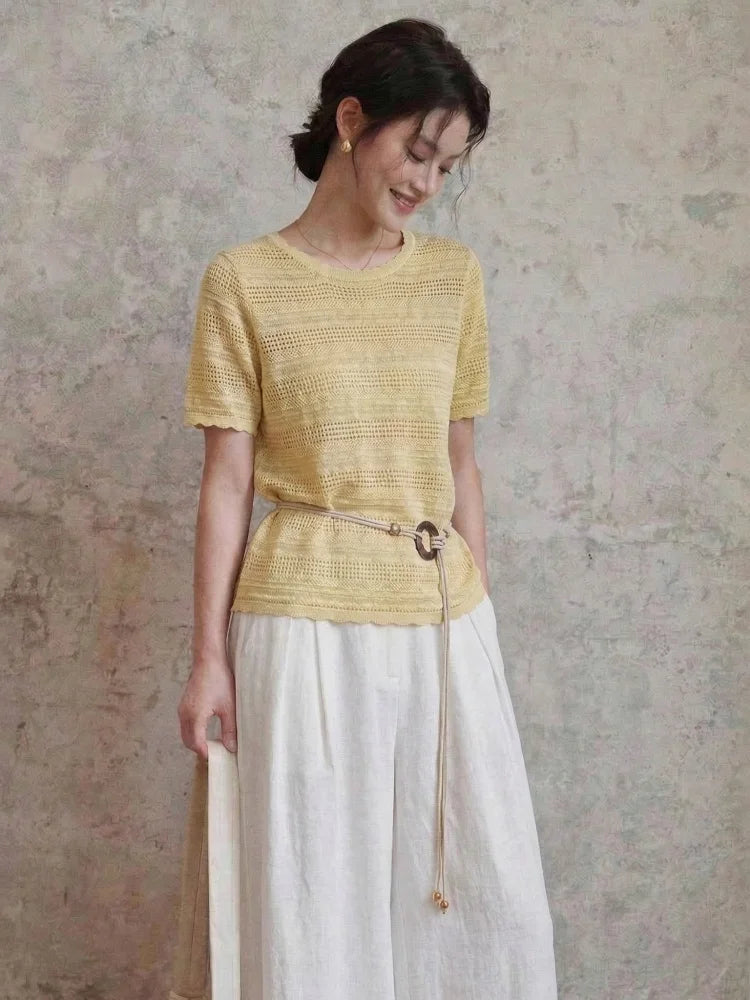 Round neck hollow knitted sweater short sleeved women's summer new European half sleeved thin breathable T-shirt top