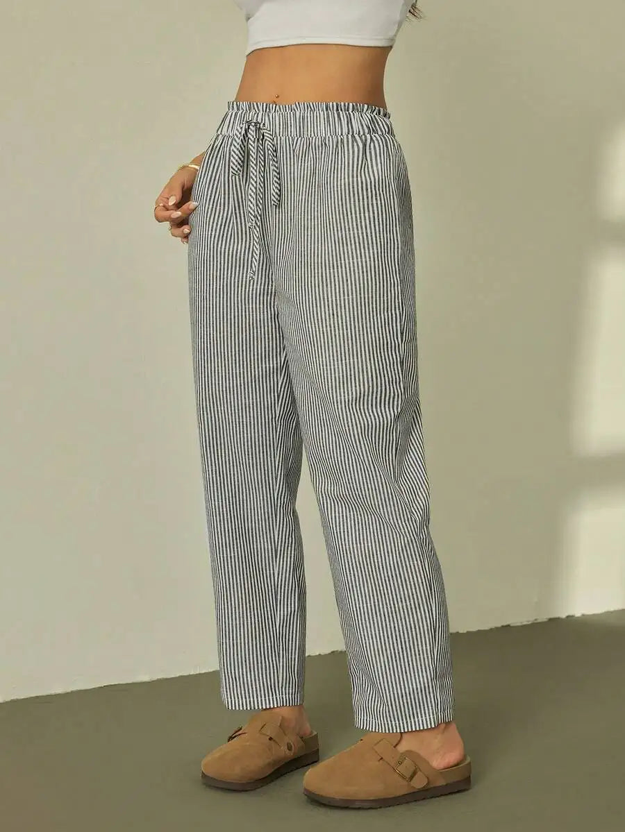 Striped Ruffle Waist Straight Leg Crop Pants Casual Boho Trousers Women