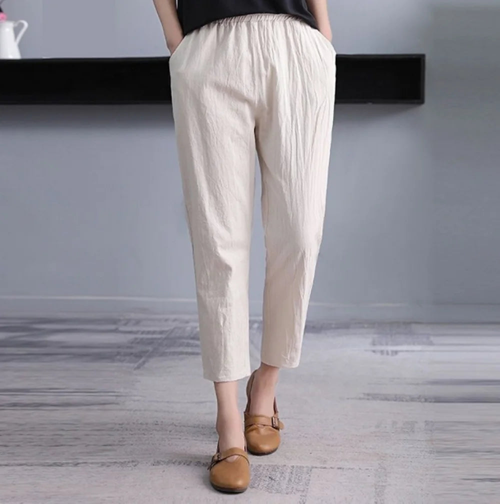 Womens Cotton Linen Cropped Pants Loose Fit Wide Leg Capri Casual Plus Size Elastic Waist Trousers Capris
