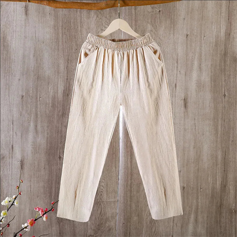Womens Cotton Linen Cropped Pants Loose Fit Wide Leg Capri Casual Plus Size Elastic Waist Trousers Capris