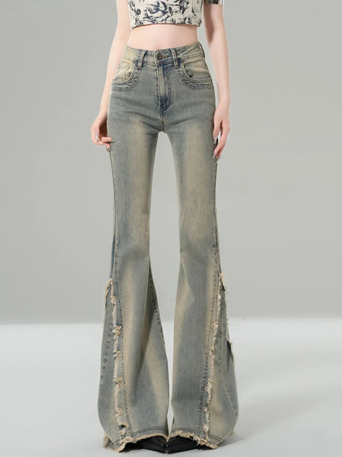 Women's High Waist Bootcut Jeans Vintage Wash Side Slit Fringe Flared Denim Distressed Raw Hem Y2K Streetwear