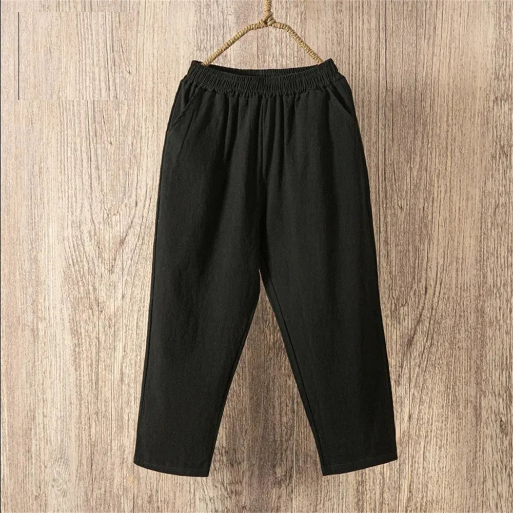 Womens Cotton Linen Cropped Pants Loose Fit Wide Leg Capri Casual Plus Size Elastic Waist Trousers Capris