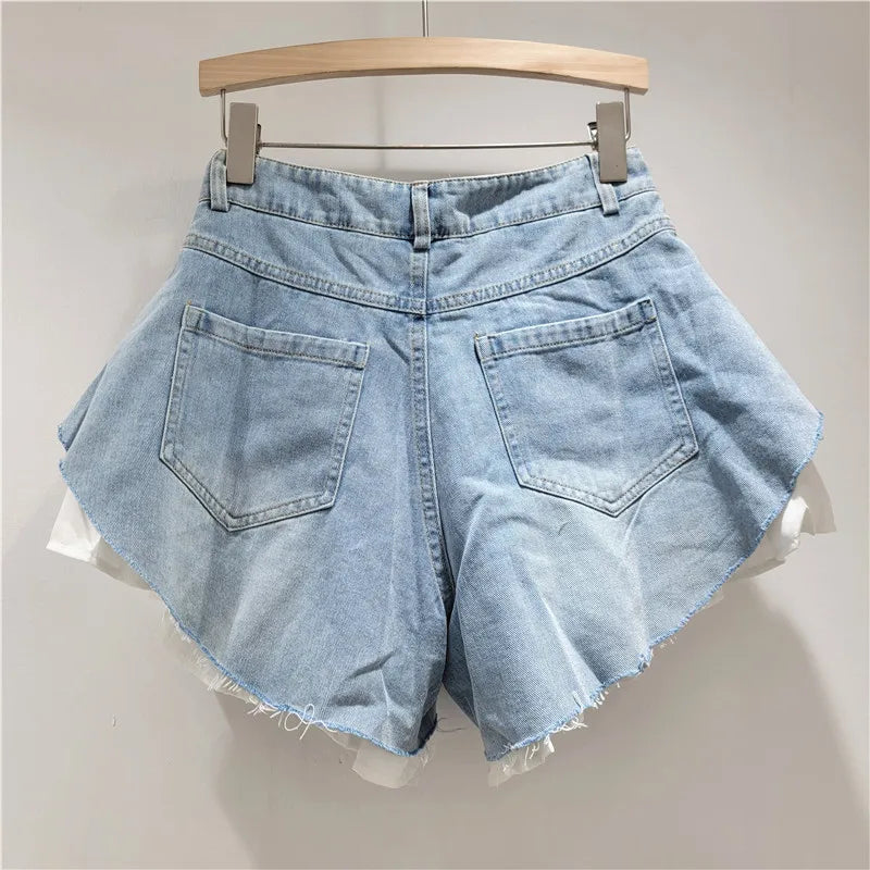 Fashion 2025 Summer New Collection Multi Layer Ruffles Patchwork Light Blue Wide Leg Denim Shorts Women High-waist Short Jeans