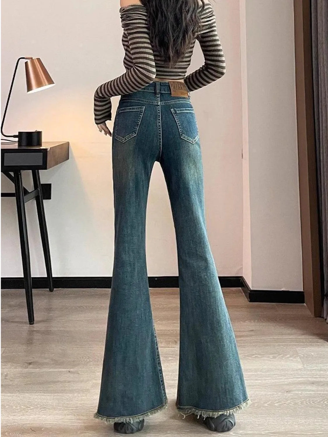 Women's High Waist Flared Jeans Vintage Blue Wash Bootcut Denim Pants Raw Hem Stretch Trousers