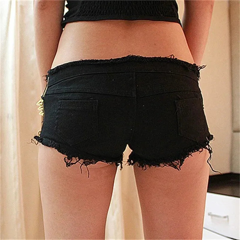 Women Side Zipper Splice Denim Shorts Lace-up Open Crotch Ultra-short Trousers Casual Three Quarter Pants Female Sexy Streetwear