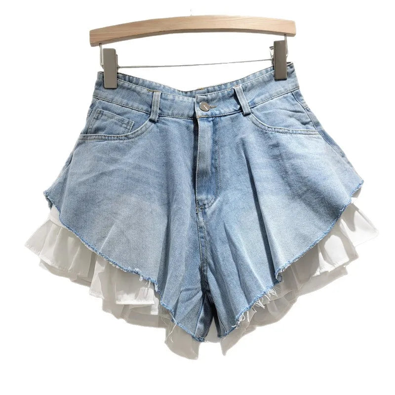 Fashion 2025 Summer New Collection Multi Layer Ruffles Patchwork Light Blue Wide Leg Denim Shorts Women High-waist Short Jeans
