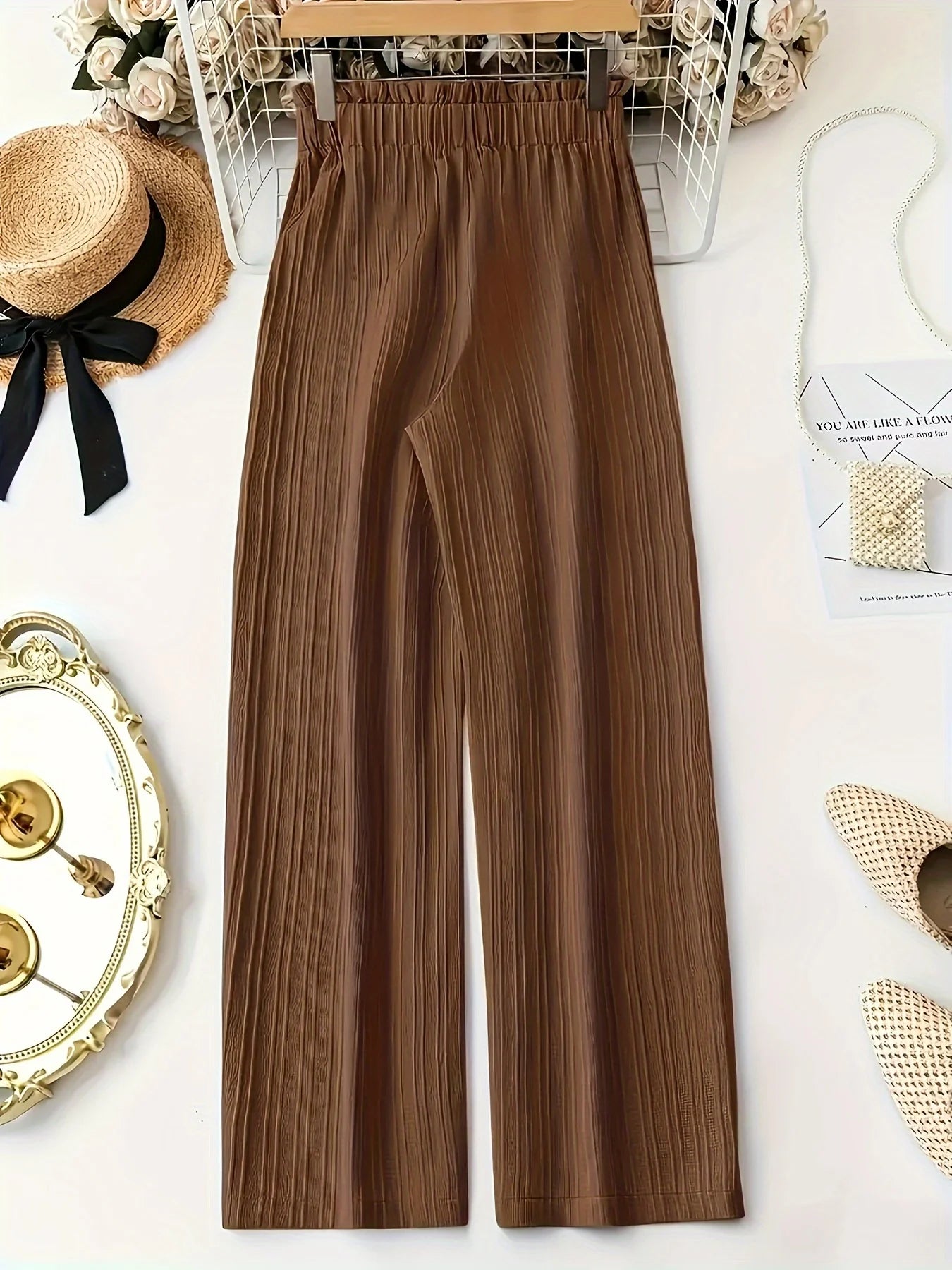 Summer casual, elegant and comfortable women's high waisted elastic waistband, bow details, loose wide leg pants, long pants