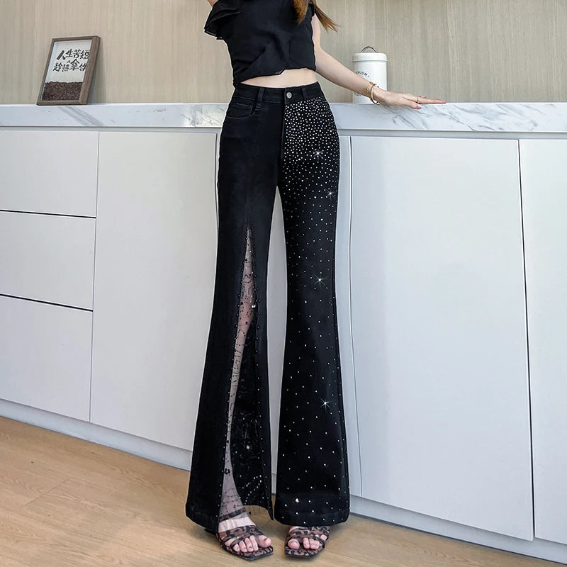 Women's Rhinestone & Beaded Split Flare Jeans High Waist Stretchy Black Denim Pants Lace Mesh See-Through Party Trousers Vintage