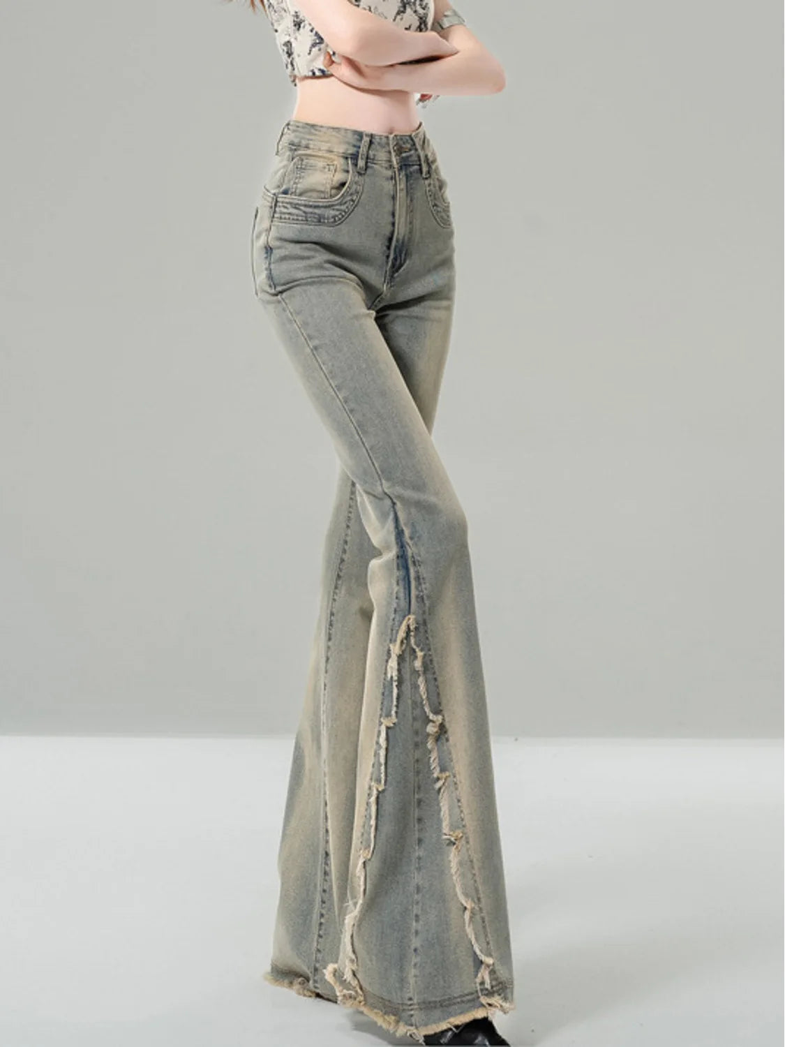 Women's High Waist Bootcut Jeans Vintage Wash Side Slit Fringe Flared Denim Distressed Raw Hem Y2K Streetwear
