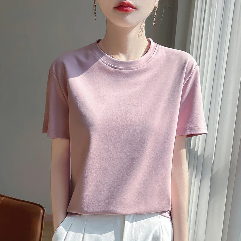 2025 Summer New Cotton Short Sleeve T-shirt Women's Round Neck Half Sleeve Mercerized Cotton Cool T-shirt