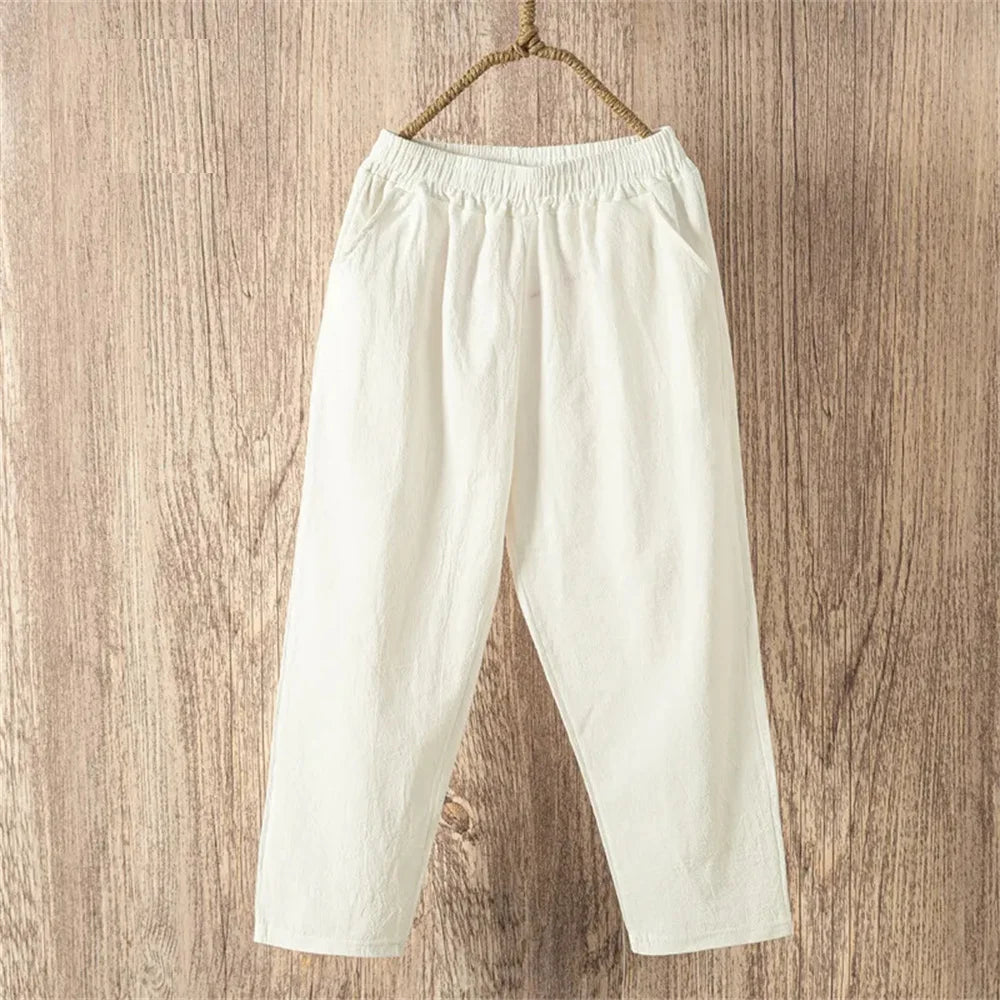 Womens Cotton Linen Cropped Pants Loose Fit Wide Leg Capri Casual Plus Size Elastic Waist Trousers Capris