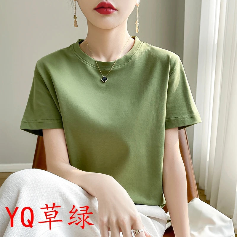 2025 Summer New Cotton Short Sleeve T-shirt Women's Round Neck Half Sleeve Mercerized Cotton Cool T-shirt