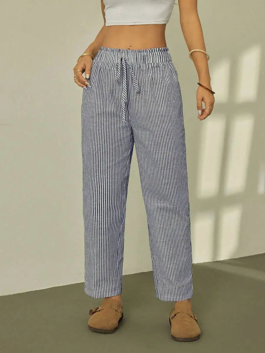 Striped Ruffle Waist Straight Leg Crop Pants Casual Boho Trousers Women
