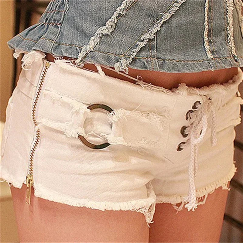 Women Side Zipper Splice Denim Shorts Lace-up Open Crotch Ultra-short Trousers Casual Three Quarter Pants Female Sexy Streetwear