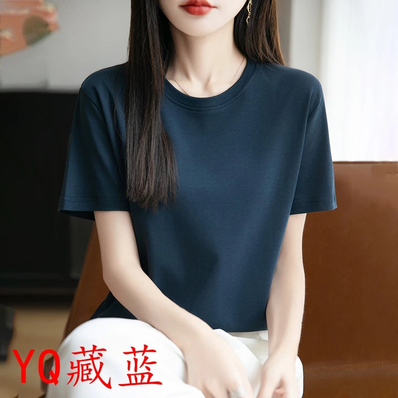 2025 Summer New Cotton Short Sleeve T-shirt Women's Round Neck Half Sleeve Mercerized Cotton Cool T-shirt