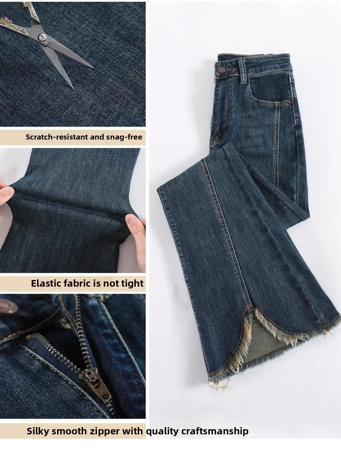 Women's High Waist Flared Jeans Vintage Blue Wash Bootcut Denim Pants Raw Hem Stretch Trousers