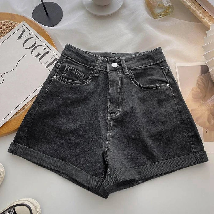 High Waist Wide Leg ort Jeans Women's Summer Loose Slimming Korean Sle A-Line Cuffed Casual Hot Pants Blue Denim