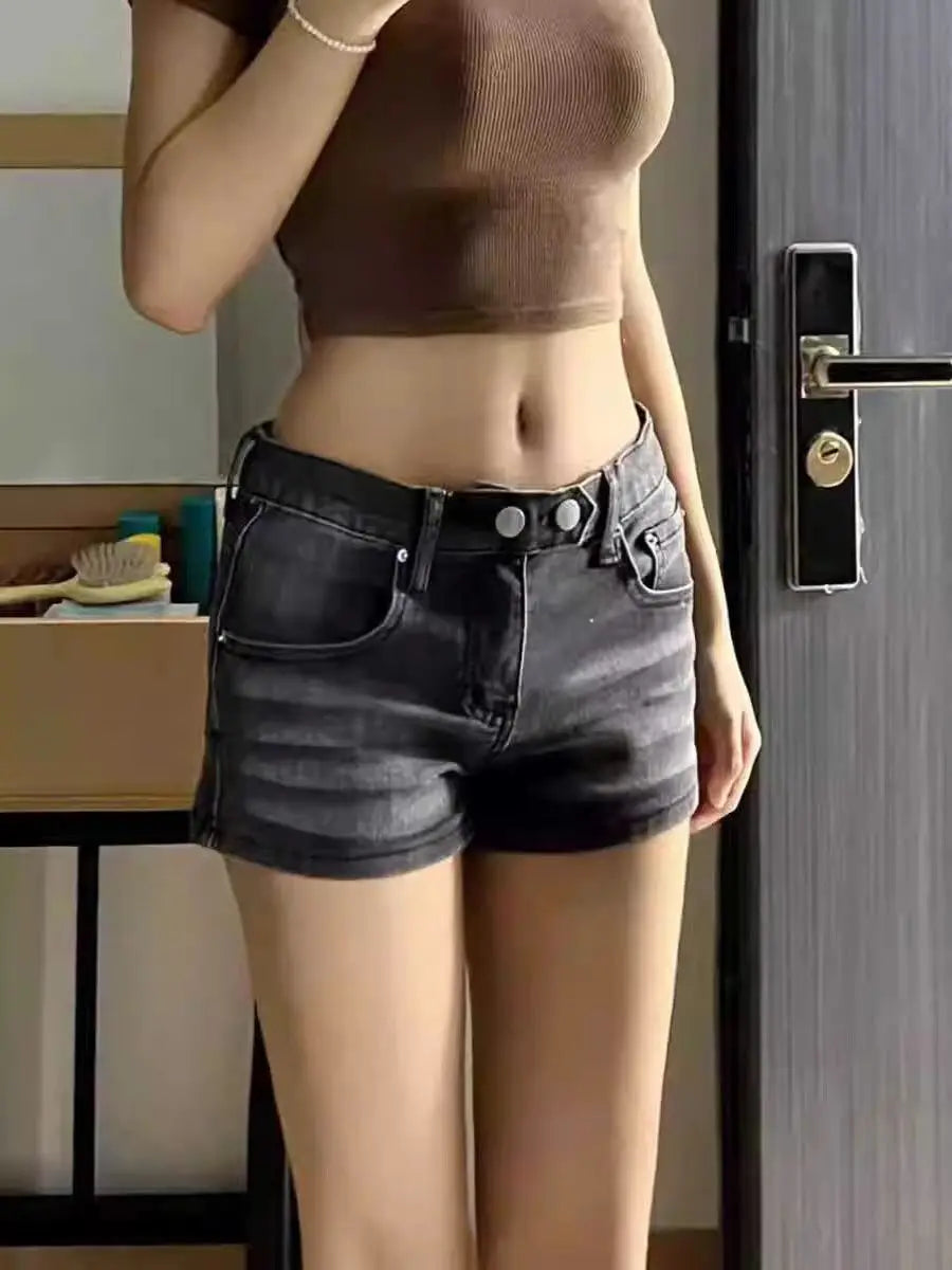 Women's Grey Denim Shorts Low Waist Mini Jeans Shorts 2000s Vintage 90s Y2k Emo Cowboy Short Pants Harajuku Clothes Summer 2024